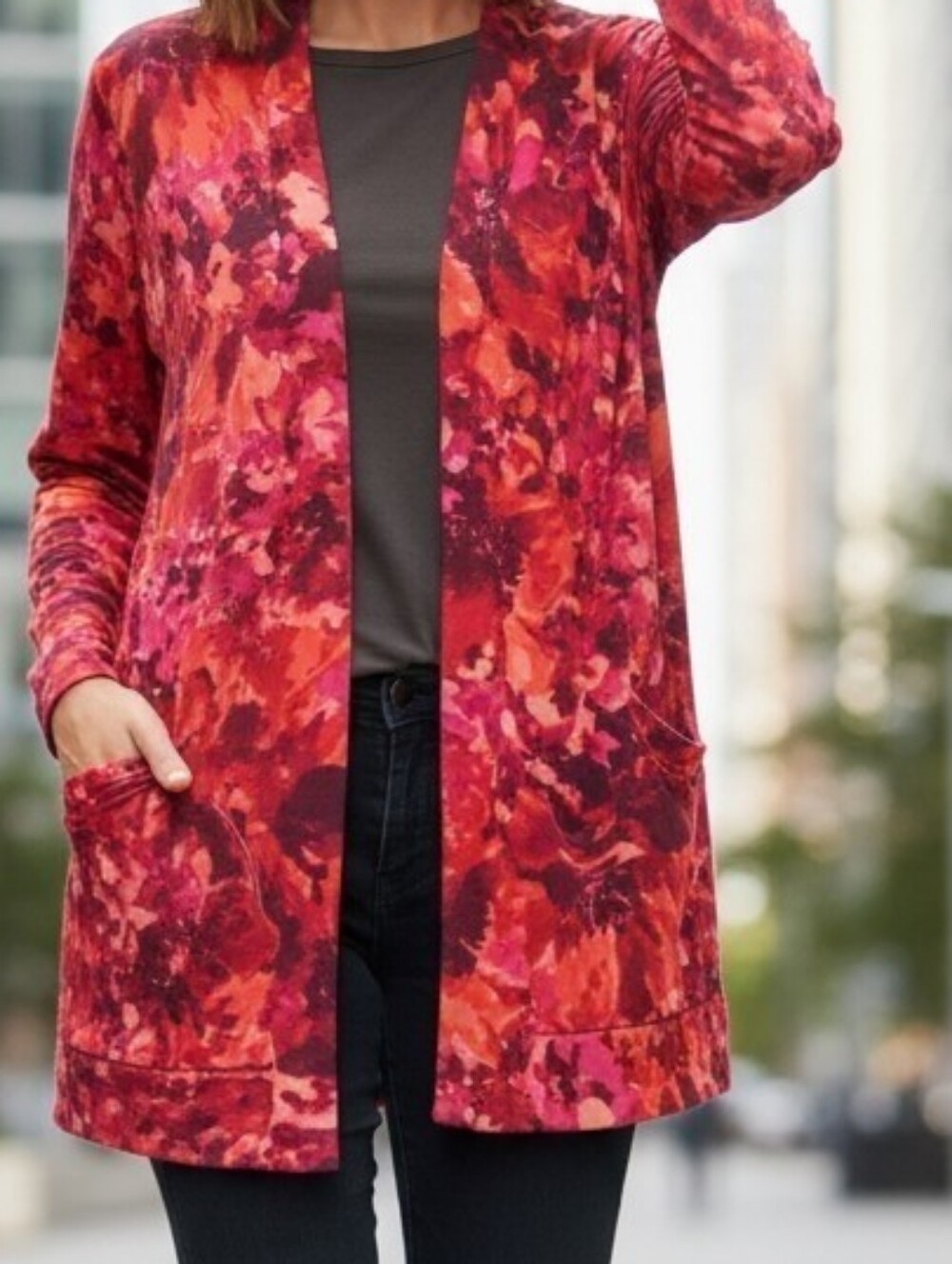 Isaac Mizrahi Live Red & Burnt Orange Floral Print Long-Sleeve Cardigan Small